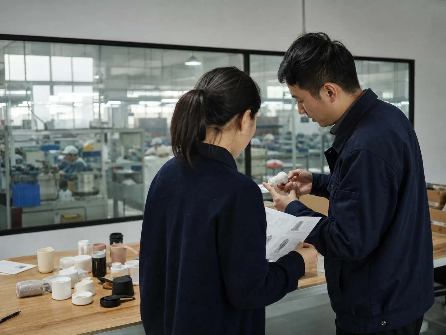 Sourcing team reviewing product samples at a factory